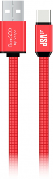 Дата-кабель BoraSCO USB - Type-C, 3А, 1м, металл, в нейлоновой оплетке, плоский, красный фото 1