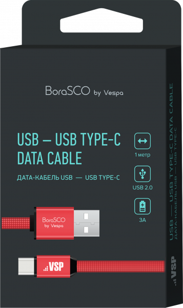 Дата-кабель BoraSCO USB - Type-C, 3А, 1м, металл, в нейлоновой оплетке, плоский, красный фото 2